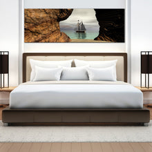 Load image into Gallery viewer, coastal  hideaway  wall  art  sea  cave  under  grey  sky  canvas  artwork  sailing  pirate  boat  ship  1  piece  canvas  print  for  bedroom
