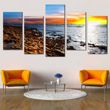 Load image into Gallery viewer, coastal horizon tranquil stony beach under cloudy sky multi canvas orange sunset sea 5 piece wall art for Your Living Room
