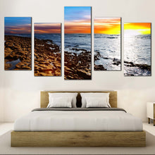 Load image into Gallery viewer, coastal horizon tranquil stony beach under cloudy sky multi canvas orange sunset sea 5 piece wall art for your Bedroom
