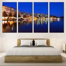 Load image into Gallery viewer, coastal tranquility 4 piece canvas print of boats seascape with yellow greece houses light reflection wall art for your Bedroom
