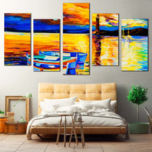 Load image into Gallery viewer, coastal tranquility canvas print blue boat ship ocean multi canvas yellow orange seascape 5 piece wall art for Bedroom
