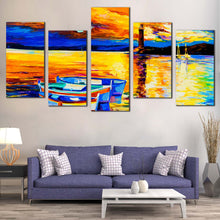 Load image into Gallery viewer, coastal tranquility canvas print blue boat ship ocean multi canvas yellow orange seascape 5 piece wall art for Your Living Room
