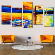 Load image into Gallery viewer, coastal tranquility canvas print blue boat ship ocean multi canvas yellow orange seascape 5 piece wall art In Living Room
