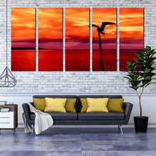 Load image into Gallery viewer, coastal tranquility canvas print orange sky red sea 5 piece multi canvas flying bird silhouette wall art for your Living room
