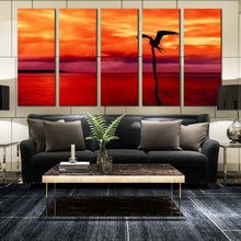 Load image into Gallery viewer, coastal tranquility canvas print tranquil orange sky red sea 5 piece multi canvas flying bird silhouette wall art In Living Room
