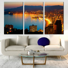 Load image into Gallery viewer, coastline canvas wall art yellow benidorm city beach print amazing blue night city beach 3 piece canvas set In Living Room
