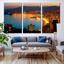 Load image into Gallery viewer, coastline canvas wall art yellow benidorm city beach print amazing blue night city beach 3 piece canvas set In Your Living Room
