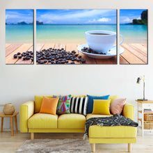 Load image into Gallery viewer, coffee  beans  wall  art  blue  ocean  clouds  multi  canvas  white  coffee  cup  3  piece  canvas  print In Living Room
