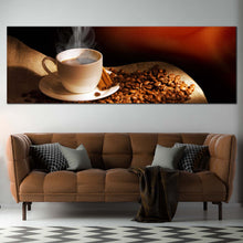 Load image into Gallery viewer, coffee  cinnamon  canvas  wall  art  brown  cinnamon  sticks  artwork  white  cup  of  hot  coffee  panoramic  canvas  print In Living Room
