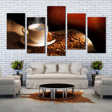 Load image into Gallery viewer, coffee cup canvas print hot coffee white cup multi canvas brown cinnamon sticks 5 piece wall art In Living Room
