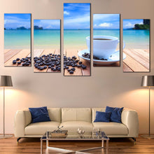 Load image into Gallery viewer, coffee ocean canvas blue sky clouds brown coffee beans multi canvas white coffee cup 5 piece wall art for your Living Room
