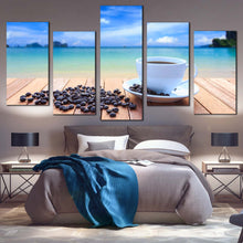 Load image into Gallery viewer, coffee ocean canvas print blue ocean sky clouds brown coffee beans multi canvas white coffee cup 5 piece wall art for Bedroom
