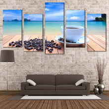 Load image into Gallery viewer, coffee ocean canvas print blue sky clouds brown coffee beans multi canvas white coffee cup 5 piece wall art In Living Room
