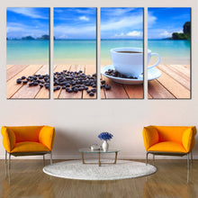 Load image into Gallery viewer, coffee sunrise wall art white coffee cup canvas set brown coffee beans 4 piece canvas print for Living room
