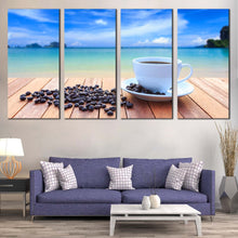 Load image into Gallery viewer, coffee sunrise wall art white coffee cup canvas set brown coffee beans 4 piece canvas print In Living Room
