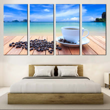 Load image into Gallery viewer, coffee sunrise wall art white coffee cup canvas set brown coffee beans 4 piece canvas print for Your Bedroom
