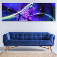 Load image into Gallery viewer, contemporary  abstract  canvas  print  blue  purple  fractal  canvas  wall  art  yellow  green  light  streak  panoramic  artwork In Living Room
