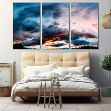 Load image into Gallery viewer, dawn abstract sunset canvas print 3 piece gray clouds   blue orange sky wall art for Bedroom
