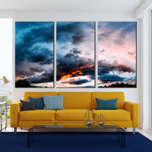 Load image into Gallery viewer, dawn abstract sunset canvas print 3 piece gray clouds   blue orange sky wall art In Living Room
