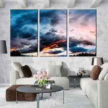 Load image into Gallery viewer, dawn abstract sunset canvas print 3 piece gray clouds   blue orange sky wall art for Living Room
