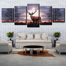 Load image into Gallery viewer, deer animal wall art grey sky fallow deer forest wildlife orange sunset animal land 5 piece canvas print In Living room
