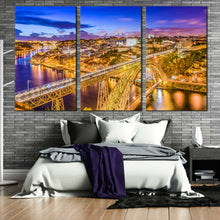 Load image into Gallery viewer, dom luis wall art yellow blue portugal city bridge douro river 3 piece multi canvas print for Bedroom
