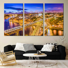 Load image into Gallery viewer, dom luis wall art yellow blue portugal city bridge douro river 3 piece multi canvas print In Living Room
