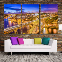 Load image into Gallery viewer, dom luis wall art yellow blue portugal city bridge douro river 3 piece multi canvas print for Living Room
