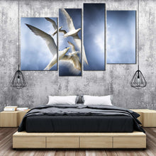 Load image into Gallery viewer, dove flock serenity canvas print graceful flight of white birds multi canvas tranquil blue sky 4 piece wall art for your Bedroom
