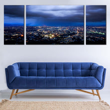 Load image into Gallery viewer, dramatic  cloudy  sky  city  lights  3  piece  canvas  wall  art  yellow  cityscape  canvas  print In  Living Room
