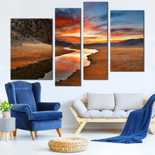 Load image into Gallery viewer, dramatic desert river canvas print orange sunset and brown gobi desert 4 piece canvas wall art In Living Room
