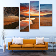 Load image into Gallery viewer, dramatic desert river canvas print orange sunset and brown gobi desert 4 piece canvas wall art for your Living Room
