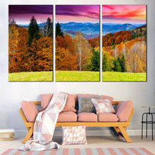 Load image into Gallery viewer, dramatic purple cloudy sky landscape canvas wall art nature scenery 3 piece canvas print In Living Room
