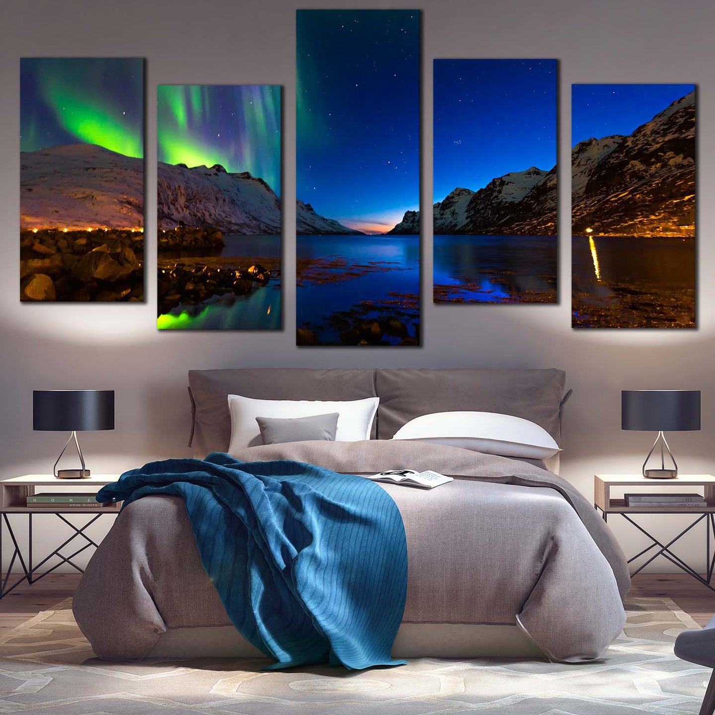 dramatic sky canvas wall art brown ersfjord toms polar lights 5 piece blue green norway aurora mountains For Bedroom