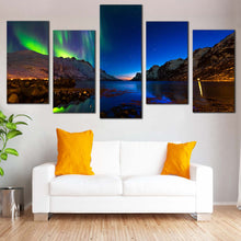 Load image into Gallery viewer, dramatic sky canvas wall art brown ersfjord toms polar lights 5 piece blue green norway aurora mountains For Your Living Room
