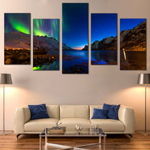 Load image into Gallery viewer, dramatic sky canvas wall art brown ersfjord toms polar lights 5 piece blue green norway aurora mountains In Living Room
