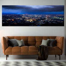 Load image into Gallery viewer, dramatic  skyline  wall  art  blue  cloudy  sky  canvas  artwork  yellow  city  lights  canvas  print For Living Room
