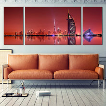 Load image into Gallery viewer, dubai  blue  light  city  reflection  canvas  wall  arf  united  arab  emirates  red  skyline  3  piece  canvas  print  for Living Room
