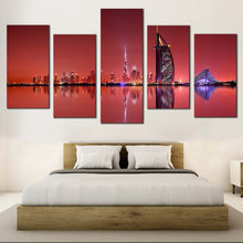 Load image into Gallery viewer, dubai city reflection canvas print blue black city skyline wall art united arab emirates red sky 5 piece canvas
