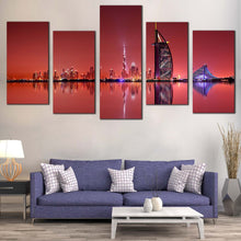 Load image into Gallery viewer, dubai city reflection canvas print blue black city wall art united arab emirates red sky 5 piece canvas In Living Room
