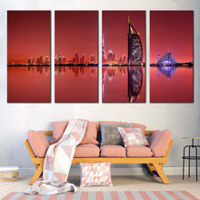 Load image into Gallery viewer, dubai lights canvas print blue city reflection multi canvas united arab emirates red sky 4 piece wall art for Living Room
