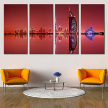 Load image into Gallery viewer, dubai lights canvas print blue city reflection multi canvas united arab emirates red sky 4 piece wall art In Living room
