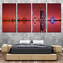 Load image into Gallery viewer, dubai lights canvas print blue city reflection multi canvas united arab emirates red sky 4 piece wall art for your Bedroom
