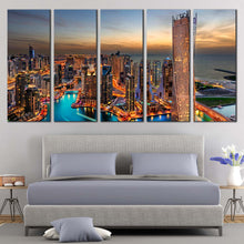 Load image into Gallery viewer, dubai marina orange sky city skyline canves print marina city 5 piece canvas wall art For Bedroom
