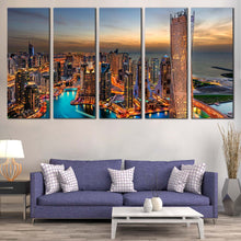 Load image into Gallery viewer, dubai marina orange sky city skyline canves print marina city 5 piece canvas wall art In Living Room
