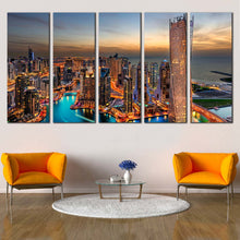 Load image into Gallery viewer, dubai marina orange sky city skyline canves print marina city 5 piece canvas wall art for your Living Room
