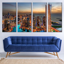 Load image into Gallery viewer, dubai orange marina city canvas wall art cloudy yellow sunset cityscape 4 piece canvas print for Living Room
