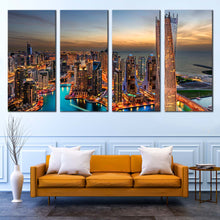 Load image into Gallery viewer, dubai orange marina city canvas wall art cloudy yellow sunset cityscape 4 piece canvas print for Living Room
