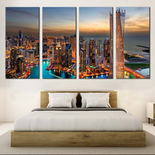 Load image into Gallery viewer, dubai orange marina city canvas wall art cloudy yellow sunset cityscape 4 piece canvas print for your Bedroom
