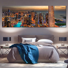 Load image into Gallery viewer, dubai  skyline  wall  art  orange  marina  city  canvas  artwork  cloudy  yellow  sunset  cityscape  canvas  print  for  bedroom
